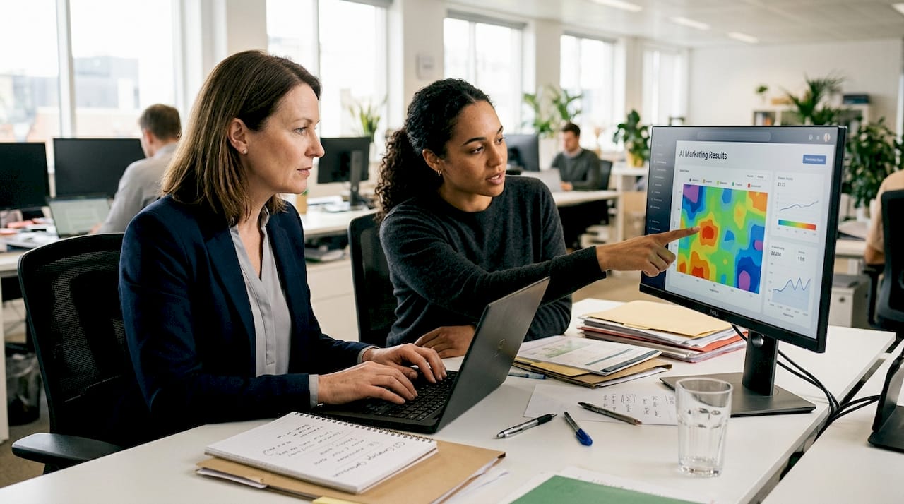 Marketing team reviewing AI campaign metrics