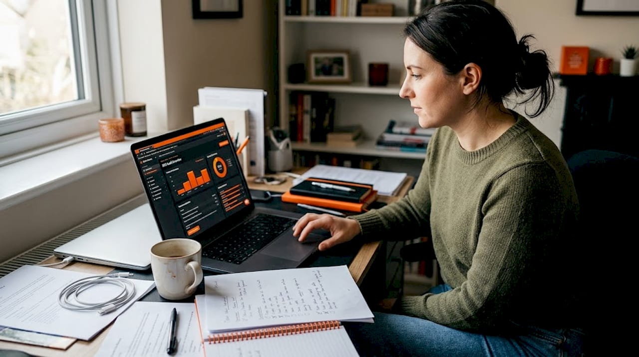 Woman auditing website checklist home office