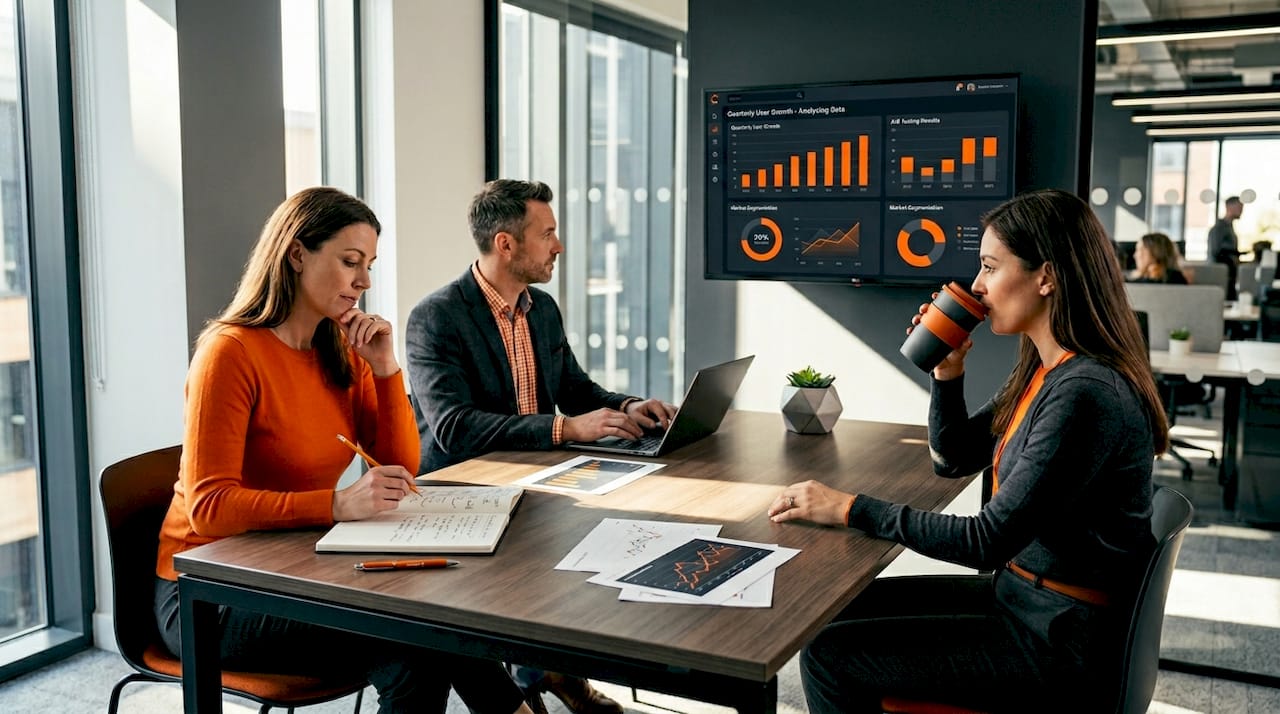 Team reviews analytics dashboard in office meeting