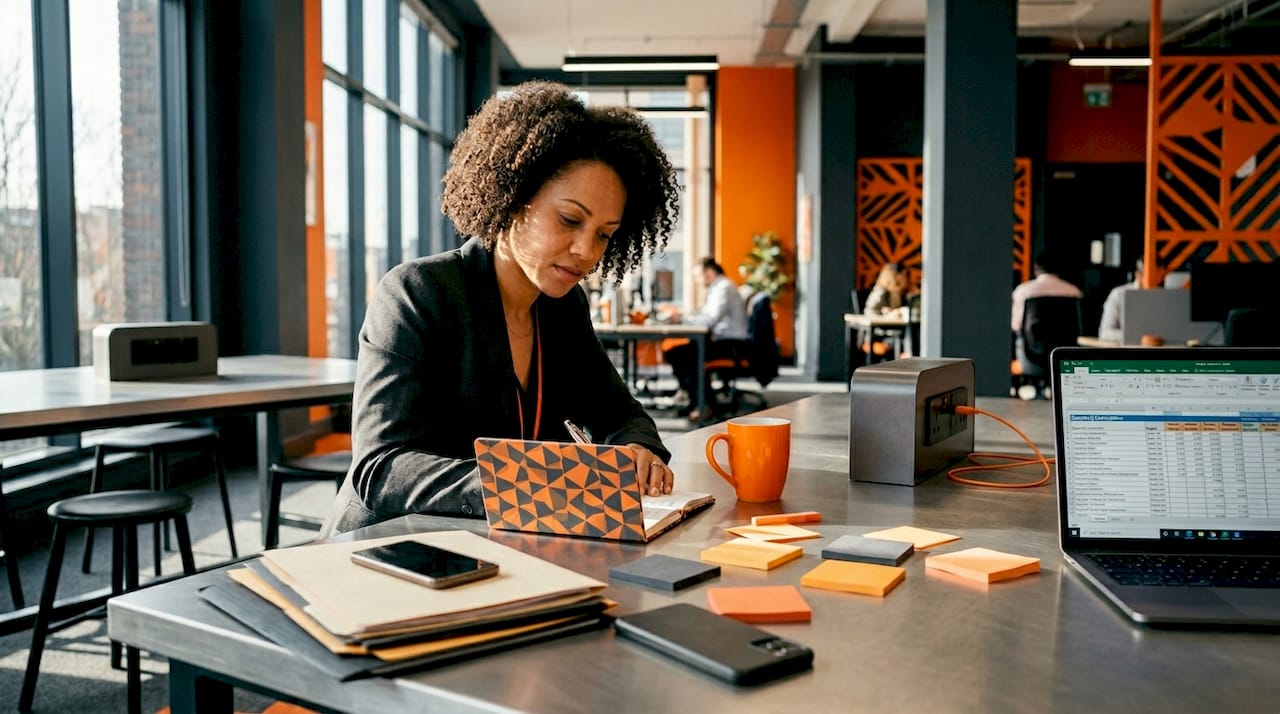 Woman planning digital marketing workspace