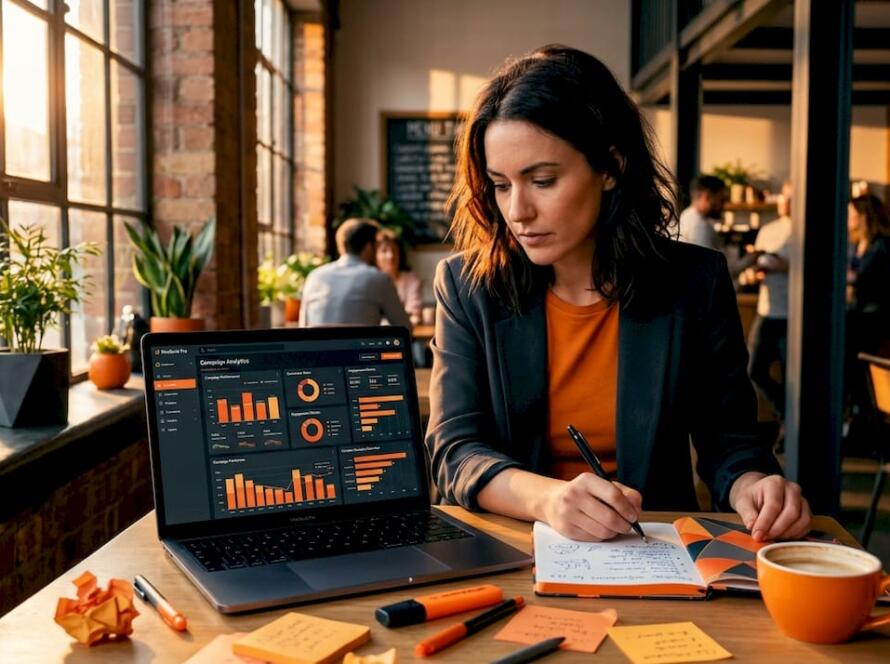Marketing manager planning ad segmentation at shared workspace
