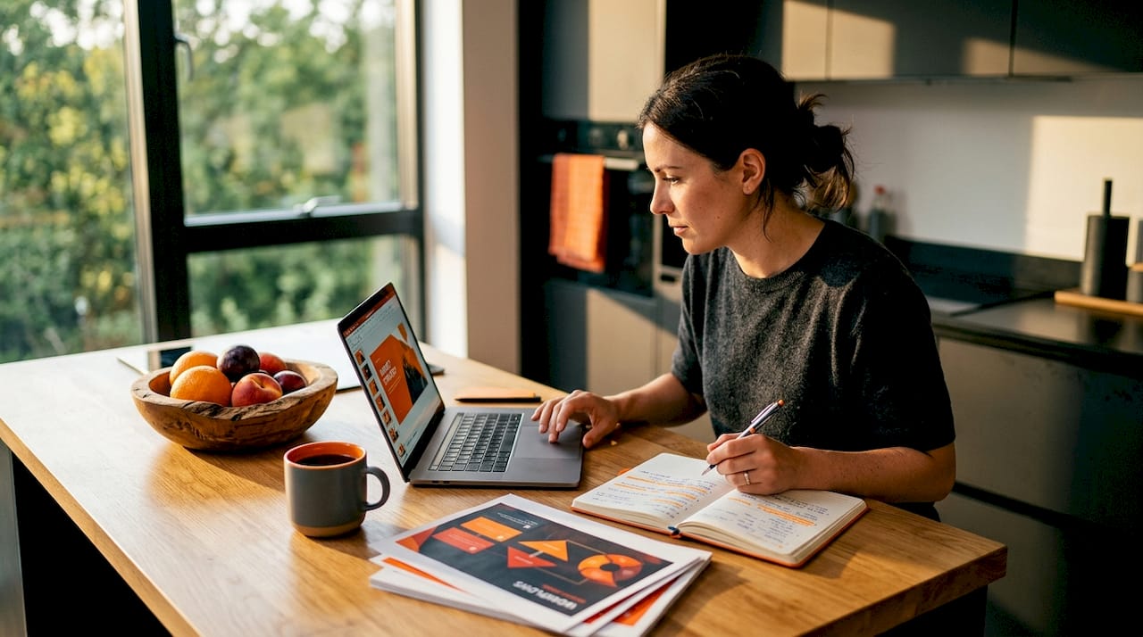 Woman planning email workflow at kitchen counter